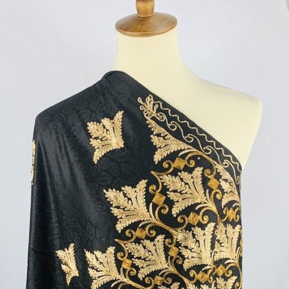 Women Lady Wrap Shawl Scarf Throw Gold Embroidered Flowers Work 28x83 India - Picture 2 of 4